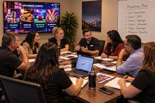 Casino marketing team planning promotions around a conference table